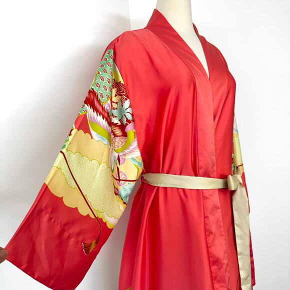 Natori Satin Belted Robe Kimono Maxi Length Coral Print XL - Picture 4 of 12